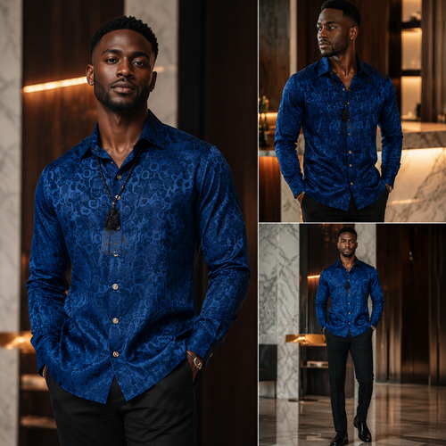 Men's Blue Patterned Ice Silk Short-Sleeve Shirt (Premium Style)
