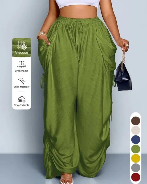 High Waist Drawstring Cotton Linen Wide Leg Straight Cut Sports Casual Pants Women's