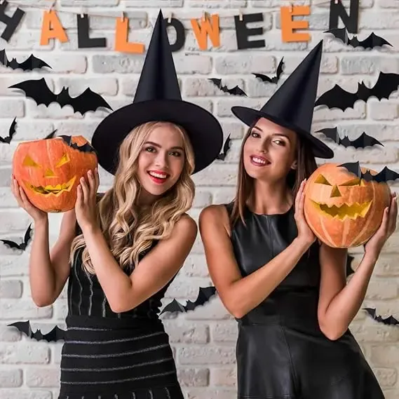 6 PCS Halloween Black Witch Hats Decoration Hanging Witch Wizard Hats Bulk with 3D Bats Wall Stickers for Halloween Party Costume Accessory Indoor Outdoor Yard Porch Decor Magical Ornaments