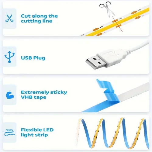 COB LED Strip Lights Touch Sensor Dimmable 5V USB Flexible Ribbon Tape
