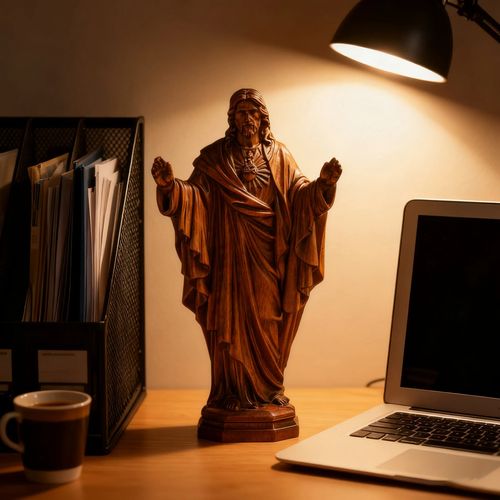 Hand Carved Sacred Heart of Jesus Virgin Mary Wooden Tabletop Ornament