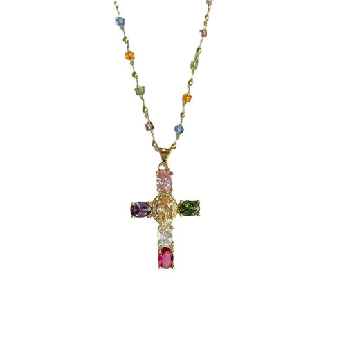 Fashion Colorful Zircon Cross Pendant Necklace for Women Luxury Crystal Golor Color