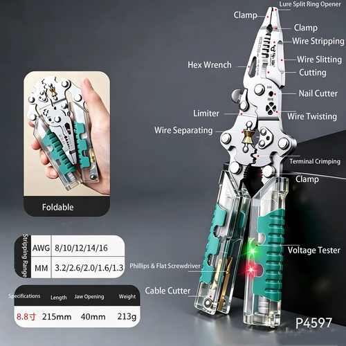 Foldable Electrician Pliers 18 in 1 Wire Stripper Cable Cutting Crimping Tool with Voltage Tester Wire Winding Repair Hand Tool