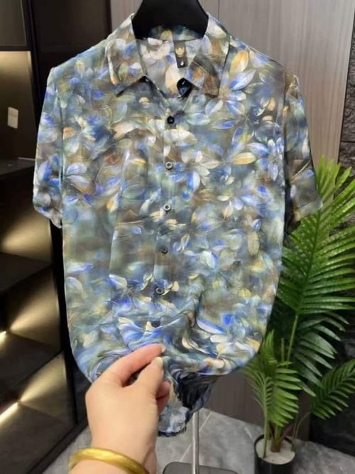 Men's Ice Silk Shirt with Blooming Blue Floral Print