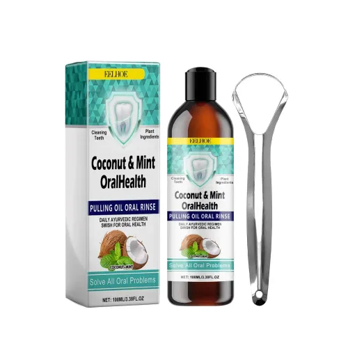 Peppermint Coconut Oil Mouthwash for Cleaning, Whitening, and Freshening Breath Oral Care with Tongue Scraper