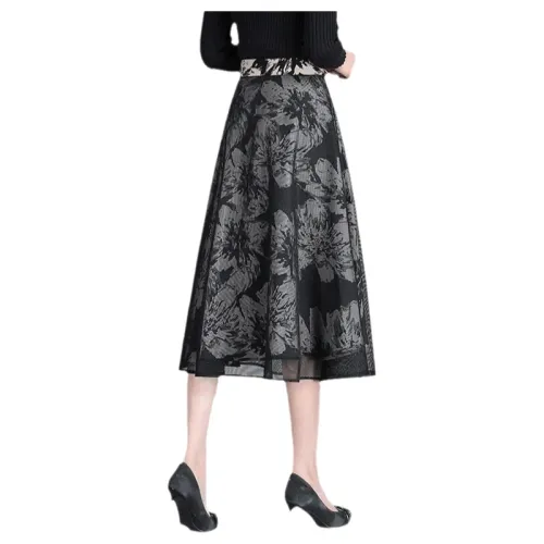 Printed A-Line Midi Skirt One-Piece Tulle Skirt Women's Summer 2025 New High Waist Wide Hem Draping Gauze Skirt