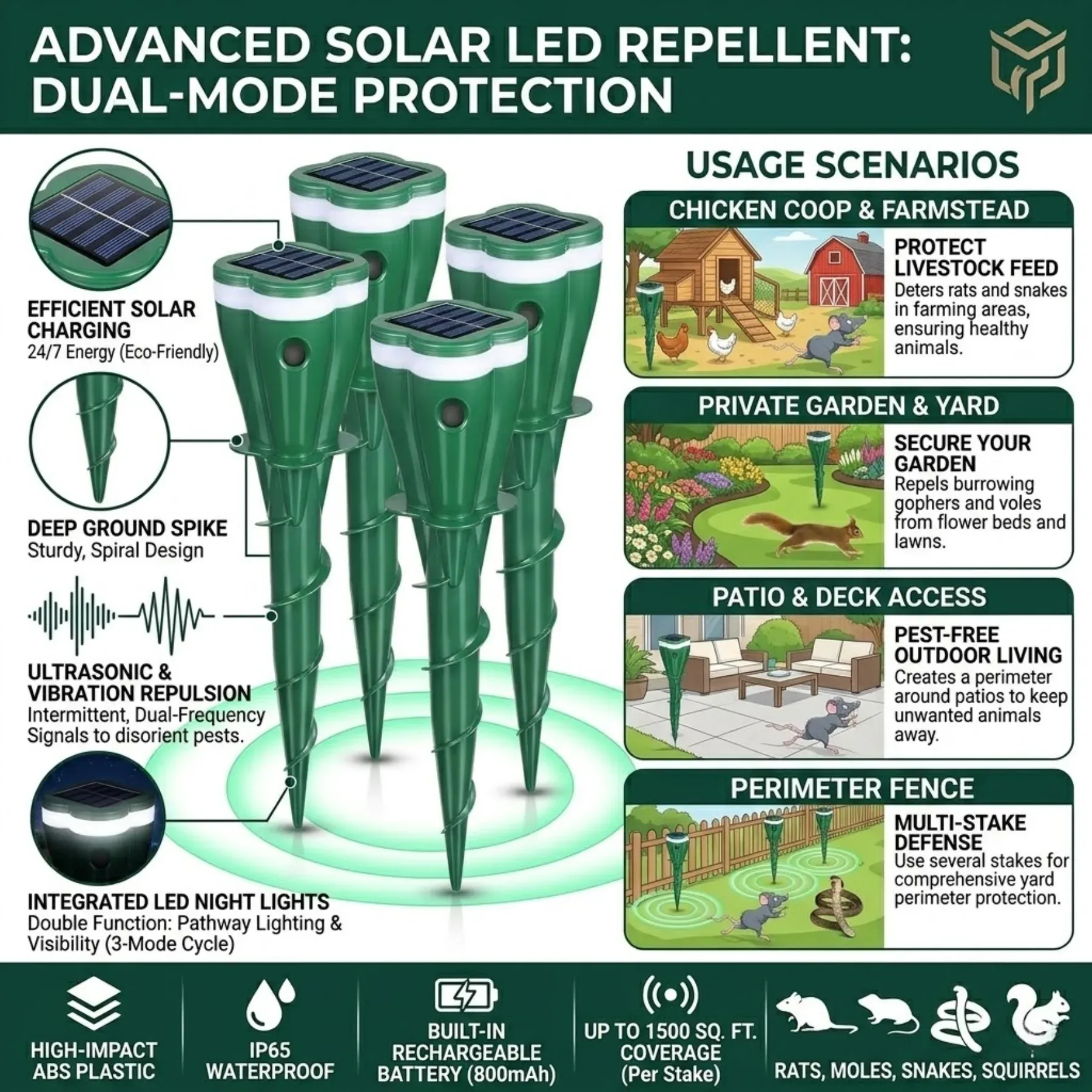 Solar Mole Repellent Spikes, Waterproof Lawn Garden Stakes, Effectively Repel Moles, Voles, Gophers, Chipmunks