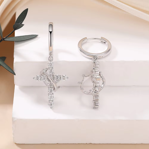 Royal Majesty Crowned Cross Dangle Earrings