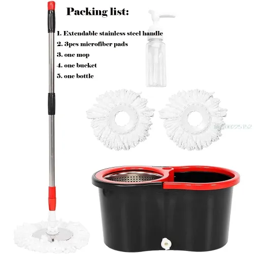 360 Degree Spin Mop Bucket Set with Wring System Includes 3 Microfiber Heads Stainless Steel Basket and 61 Inch Extended Handle for Floor Cleaning