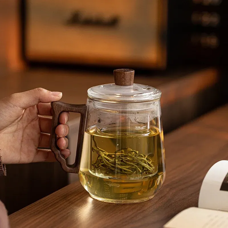 500ml Glass Tea Mug With Wood Handle Chinese Heat Resistant Puer Filter Cups Kung Fu Brewing Oolong Puer Tea Cup Set