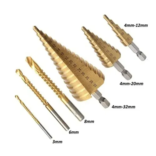 6 PCS 1 set Titanium Coated Drill Bit Set Including 3 Sizes of Step Drill Bits Twist Drill Bits for Metalworking Woodworking
