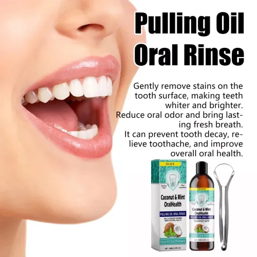 Peppermint Coconut Oil Mouthwash for Cleaning, Whitening, and Freshening Breath Oral Care with Tongue Scraper