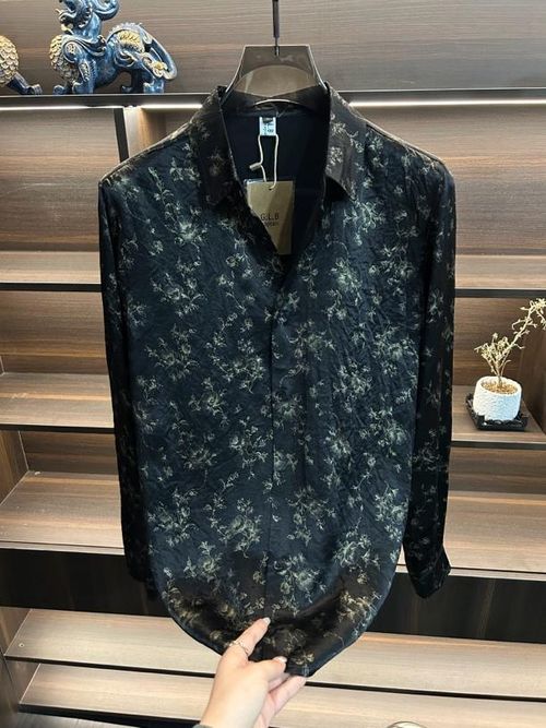 Trendy Printed Black and White Acetate Long-Sleeve Shirt with Collar