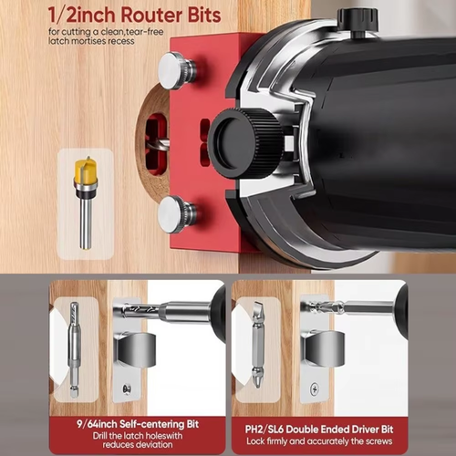 🔧Aluminum Alloy Door Lock Mortising Jig Adjustable Clamping Red Finish Lock Installation Jig Router Bit Set