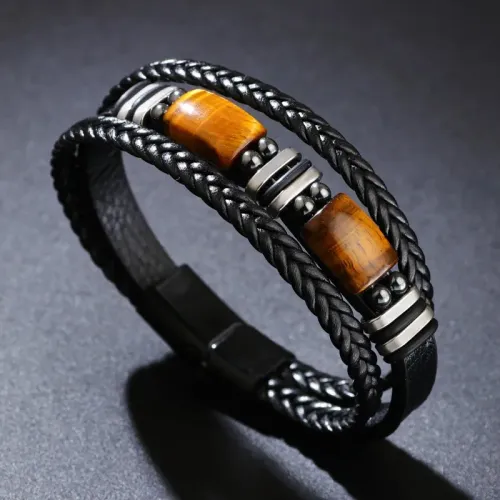🔥Versatile Vintage Leather Bracelet 📿 Braided Layered Tiger Eye Stone Wristband