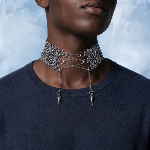 Punk Style Heavy Industry Chain Ring Rivet Necklace Exaggerated Design for Both Men and Women