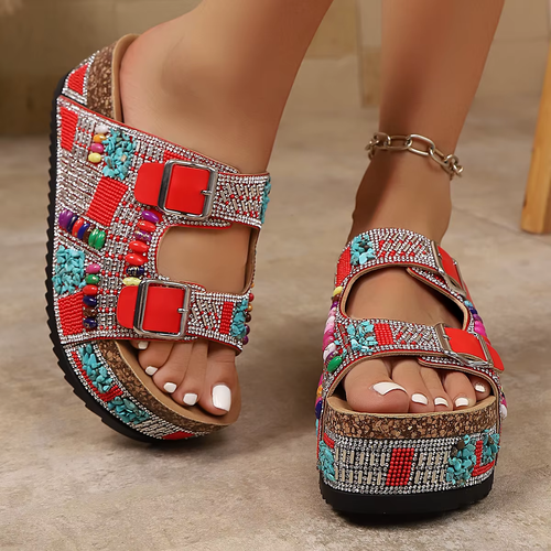 Women's Rhinestone Double Buckle Thick Sole Sandals – Fashionable Summer Shoes