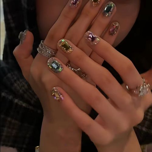 Luxury Multicolor Gemstone Press-On Nails – Short Square Crystal Rhinestone False Nails for Glamorous Parties, Dates & Special Occasions