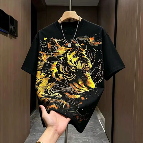 2026 Summer Men Tiger Rhinestone Loose Tee
