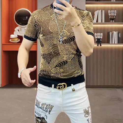Ice Silk Hollow Mesh T-shirt for Men Luxury Printed Short Sleeved Casual T-shirt Social Streetwear Round Necked Tee Top