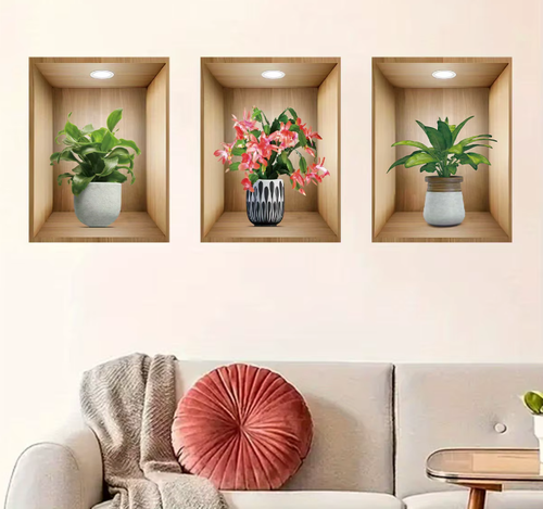 3pcs Watercolor Realistic Potted Flower Plant Wall Stickers Removable for Bedroom Living