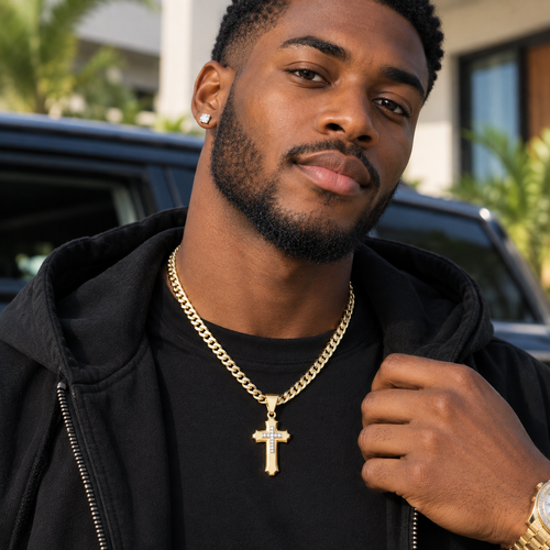 Gold Diamond-Studded Cross Necklace — Hip-Hop Punk Style
