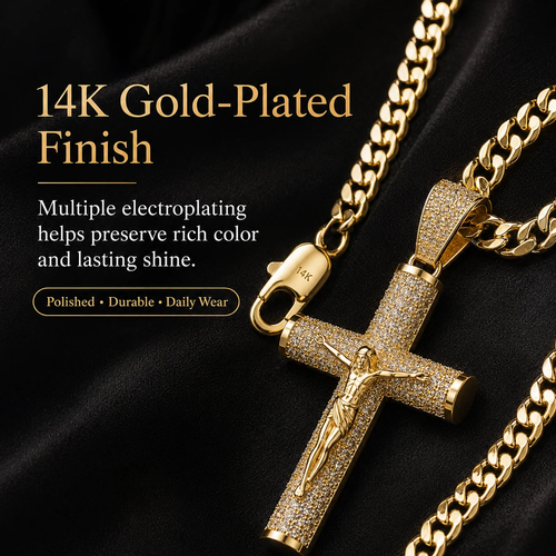 Gold-Plated Cuban Figaro Cross Necklace—24-Inch Miami-Style Cross, Hand-Polished