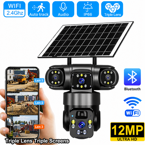 🔥 Solar Powered 3-Lens Outdoor Security Camera – Triple Screen View, AI Human Detection, PTZ Control, Color Night Vision & Two-Way Audio
