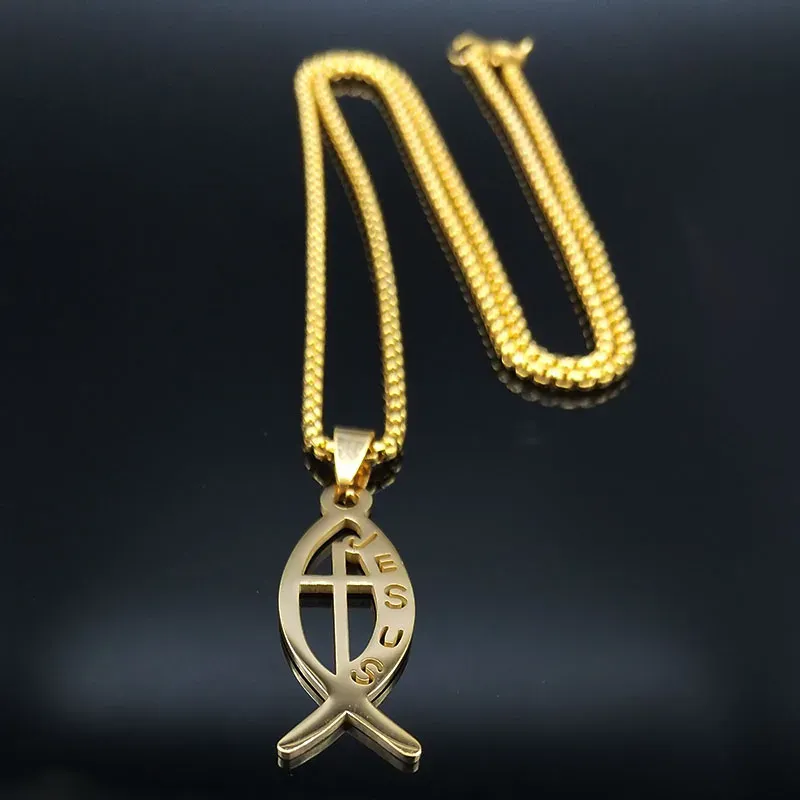 Ichthys Jesus Fish Cross Christ God Pendant Necklace for Women Men Stainless Steel Gold Color Christian Chain Jewelry N1482S02