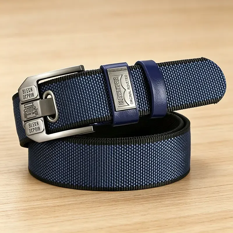 Buckle-Free Men's Belt, Holeless Strap, Large Square Alloy Buckle with Brass Accents, Cotton-PU Leather Strap, Durable Flexible Slip-On, Versatile Fashion Belt, Trendy Holiday Present