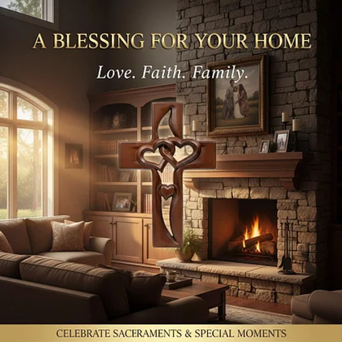 Hand-carved wooden wall decoration with a heart-shaped cross