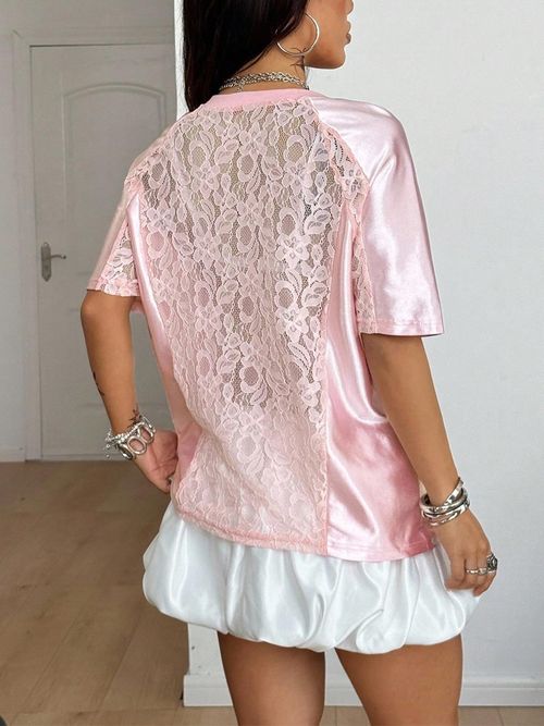 Siren Chic Women Perspective Lace Spliced T-Shirt 2026 New Printed Loose Short Sleeve