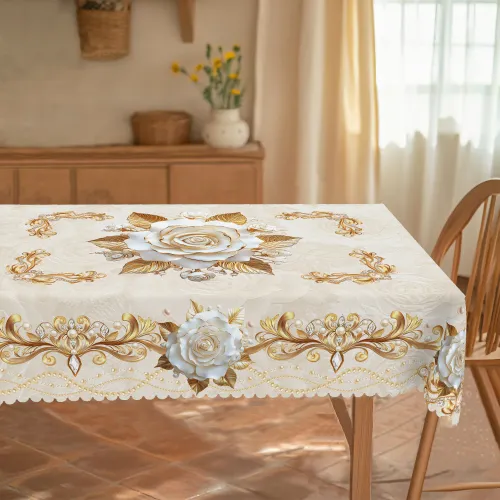 1 Piece Floral-Themed Gold Printed Tablecloth with Blooming Rose Pattern Design
