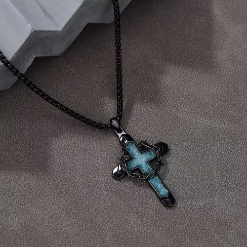 Men's Black Stainless Steel Cross Necklace, Thorn Crown Turquoise Stone Pendant Necklace, Gothic Punk Style Religious Jewelry Gi