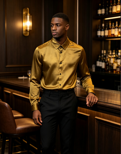 Sophisticated Golden Satin Textured Long Sleeve Shirt