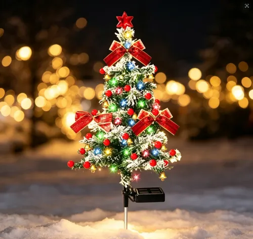ulticolor LED Solar Tree Lamp Cedar Christmas Garden Stake with Red Bows Berries Bells and Star for Outdoor Holiday Decor