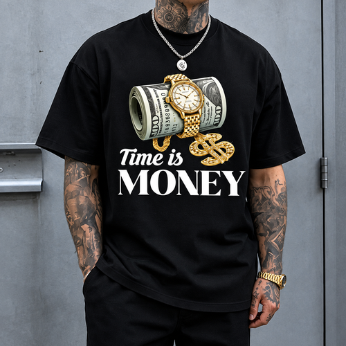 Men's Time is Money Graphic Print Tshirt, Hip Hop Streetwear Style Crew Neck Top, Soft Breathable Fabric for Casual Outfits, Cargo Pants, Joggers