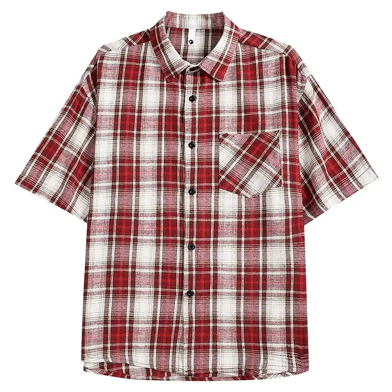 Retro Cleanfit Plaid Short Sleeve Shirt Men Summer Loose Casual Brushed High Street Checkered Shirt Trendy Polyester