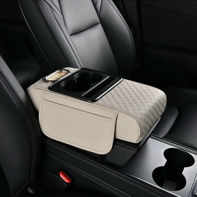 Car Armrest Cushion with Cup Holder, Multifunctional PU Leather Center Console Armrest Pad, Auto Storage Organizer Arm Rest