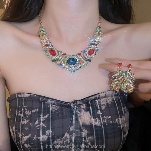 Rainbow Gemstone Set Exquisite Sweet Charm Crystal Necklace Earrings Three-Piece Set