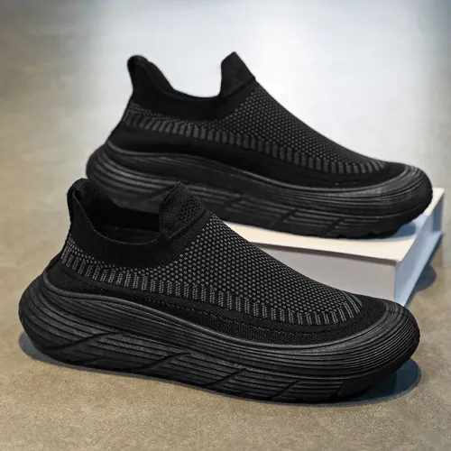BLACK Ultra-Soft, Thick-Soled, Breathable Mesh & Flyknit Athletic Casual Shoes