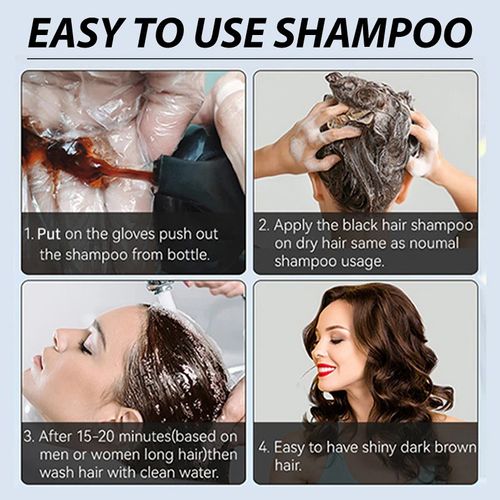 Hair coloring shampoo, suitable for both men and women, with herbal extracts for fast results.