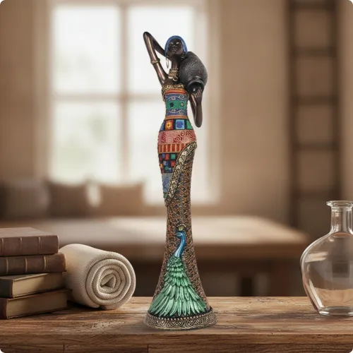African Woman Statue Tabletop African Woman Figurine Figurine with Peacock Motif Artisanal Female Statue Artistic