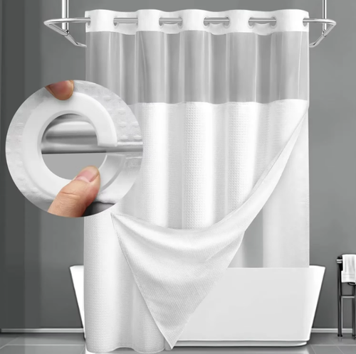 1PC Hookless Shower Curtain Set Double (with Liner) Removable White Waffle Shower