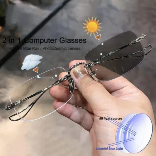 Rimless photochromic prescription glasses with blue light protection suitable for individuals who have difficulty seeing distant objects clearly.