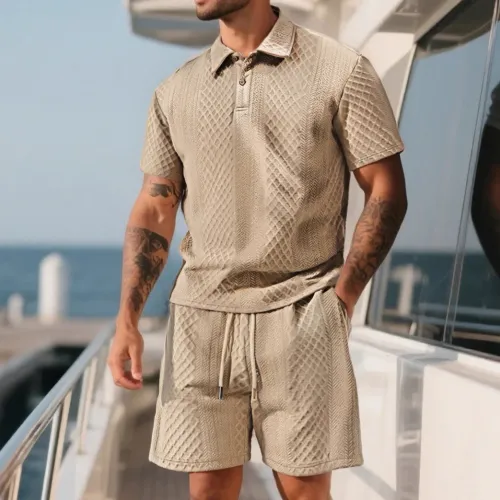 Casual Sports Style Short Two Piece Set Men's Fashion Solid Color Jacquard Short Sleeves Pullover POLO Shirt Shorts 2 Piece Sets
