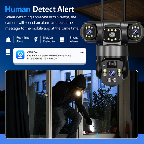🔥 Solar Powered 3-Lens Outdoor Security Camera – Triple Screen View, AI Human Detection, PTZ Control, Color Night Vision & Two-Way Audio