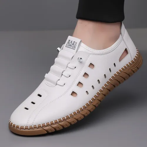 2026 Summer Men Casual Leather Shoes Breathable Hollow Out Slip On Loafers