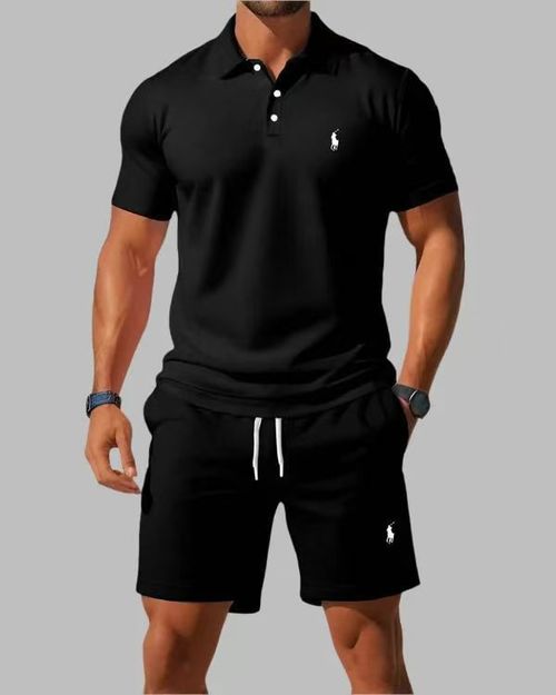 Men's Breathable Polo Shirt and Drawstring Shorts Set, Loose Fit, Casual Summer Wear