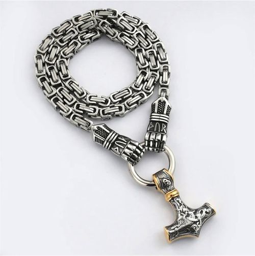 Viking Thor Hammer Pendant Necklace Stainless Steel Byzantine Chain